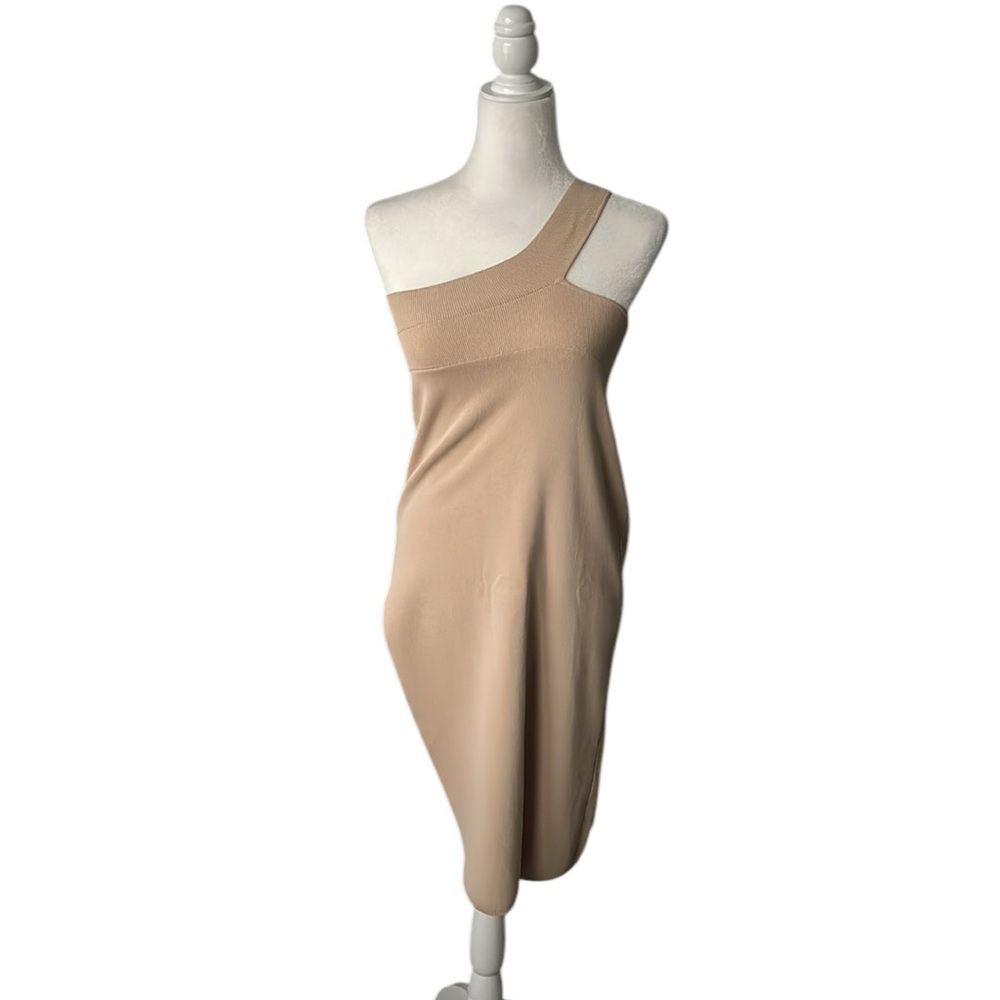 Michael Costello Revolve tan stretch body con one shoulder midi dress size S